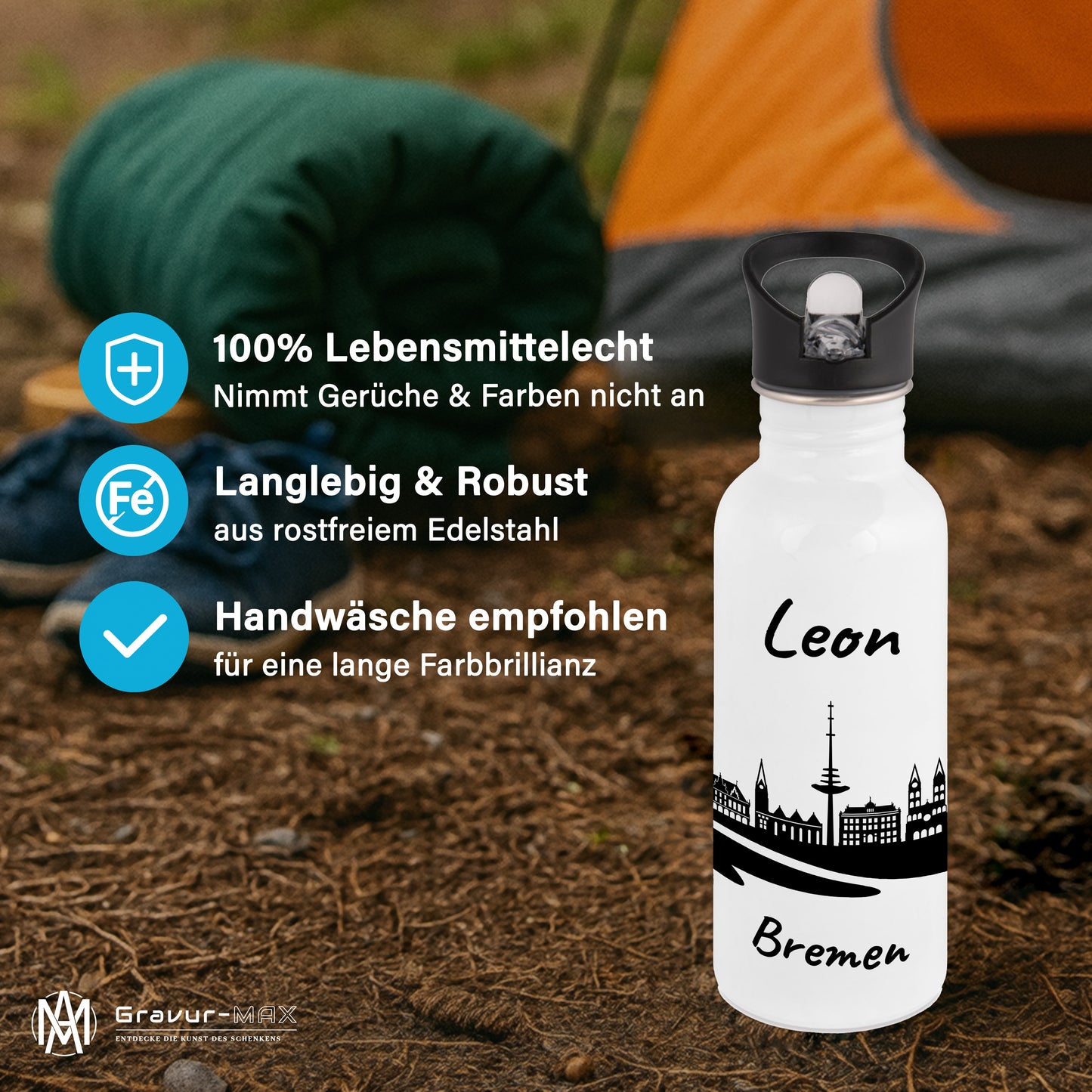 Trinkflasche in Weiß 600ml aus Edelstahl bedruckt mit der Skyline von Bremen personalisierbar mit Wunschname