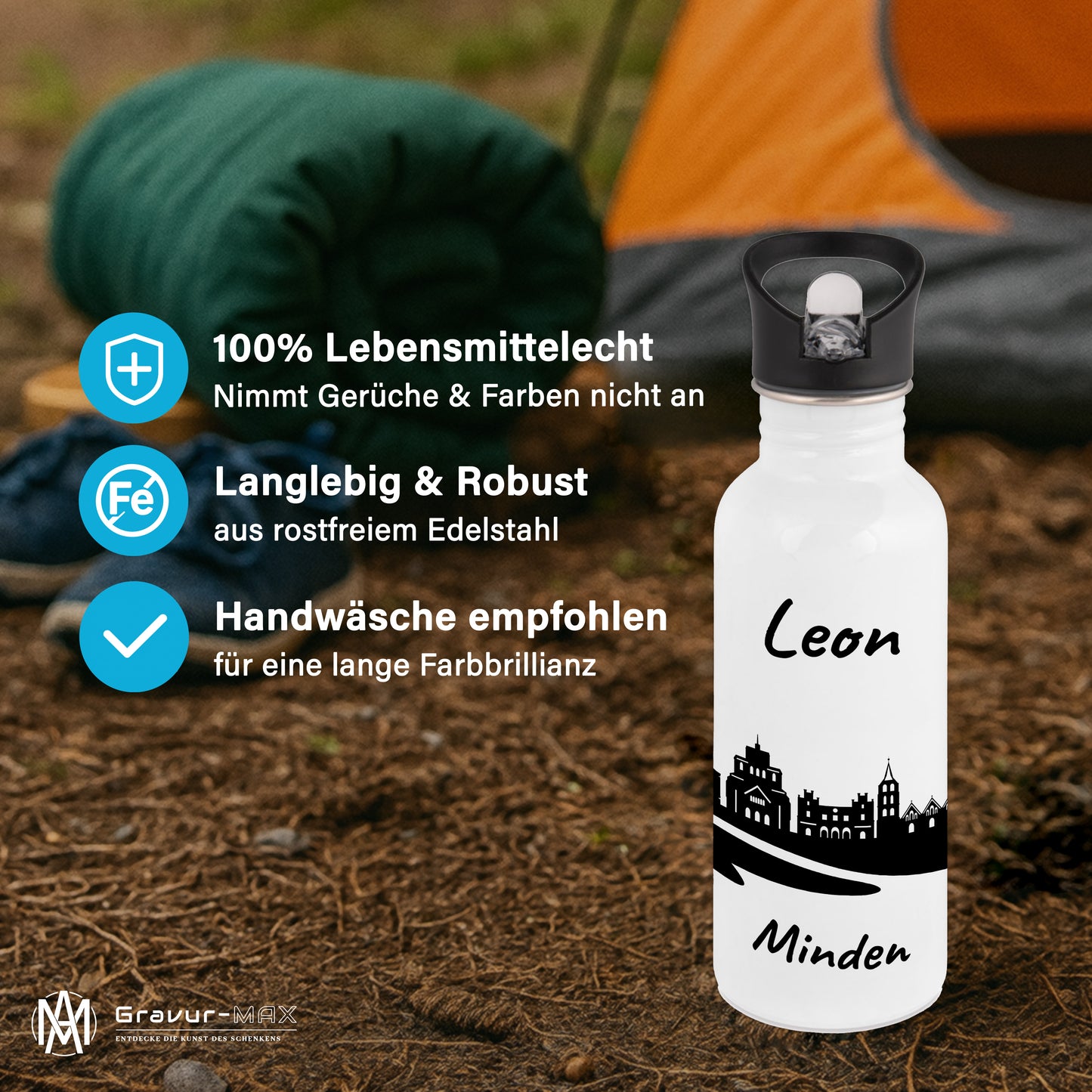 Trinkflasche in Weiß 600ml aus Edelstahl bedruckt mit der Skyline von Minden personalisierbar mit Wunschname