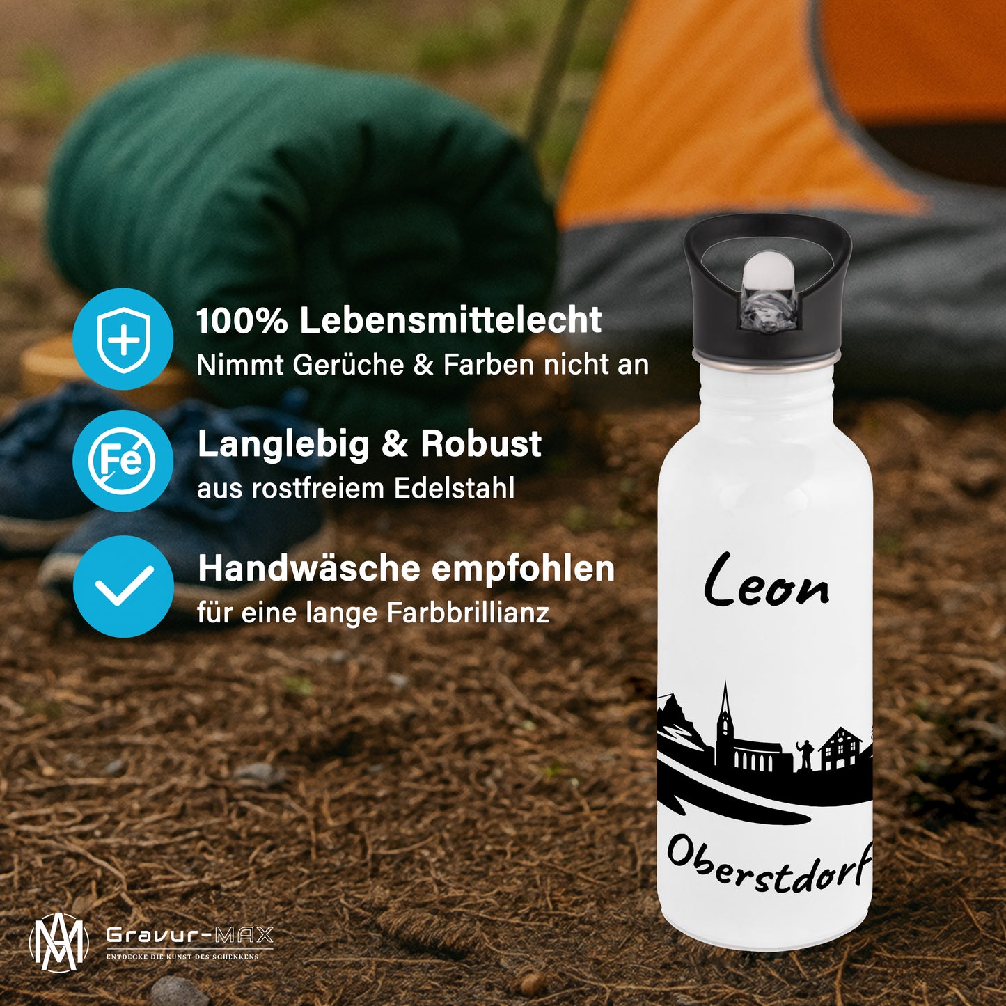 Trinkflasche in Weiß 600ml aus Edelstahl bedruckt mit der Skyline von Oberstdorf personalisierbar mit Wunschname