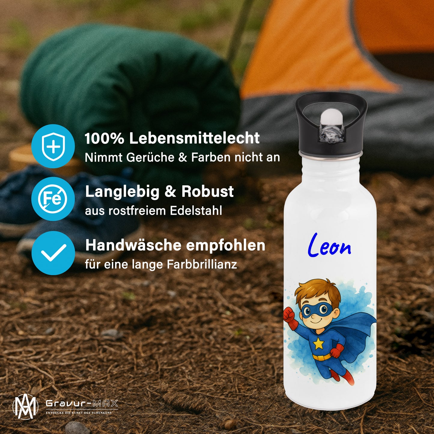 Trinkflasche mit Strohhalm in Weiß 600ml bedruckt mit tollen Motiven für Kinder "Superheld" personalisierbar für Kinder mit Wunschname aus Edelstahl