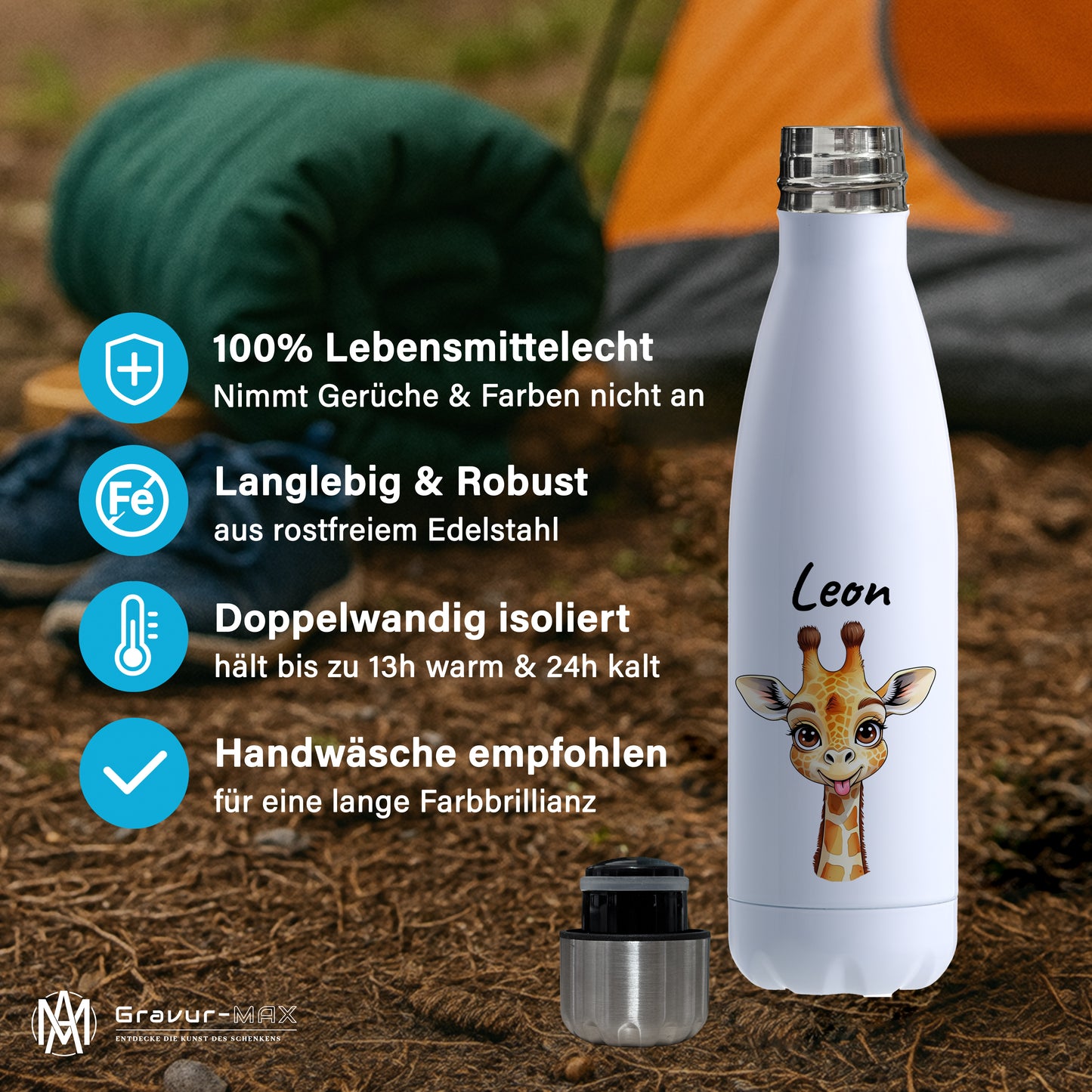 Trinkflasche in Weiß 500ml aus Edelstahl bedruckt mit niedlichen Tieren "Giraffe" personalisierbar für Kinder mit Wunschname
