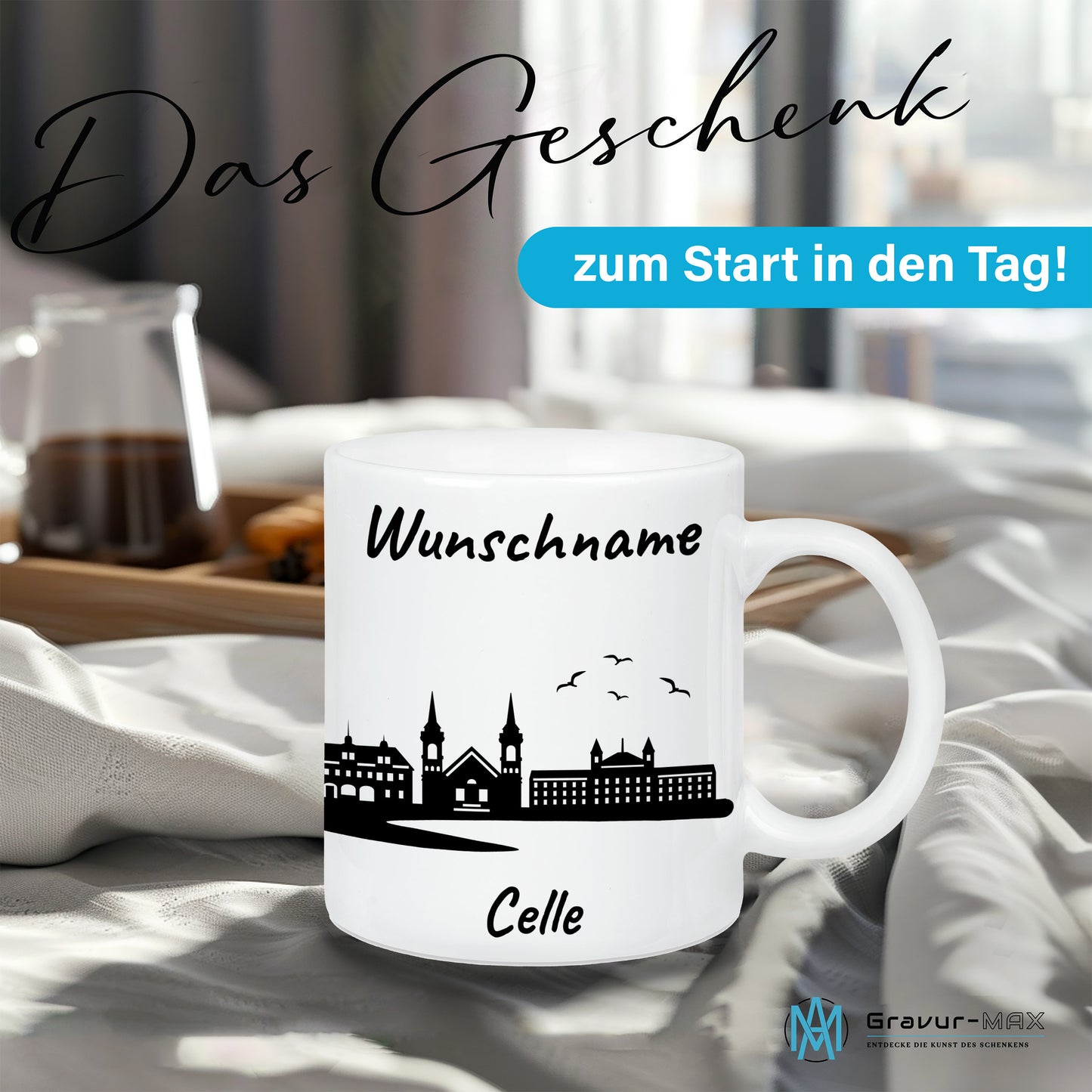 Tasse in Weiß 330ml bedruckt mit der Skyline von Celle personalisierbar mit Wunschname