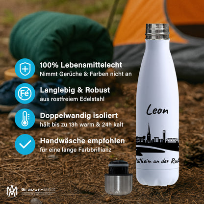 Trinkflasche in Weiß 500ml aus Edelstahl bedruckt mit der Skyline von Mülheim an der Ruhr personalisierbar mit Wunschname