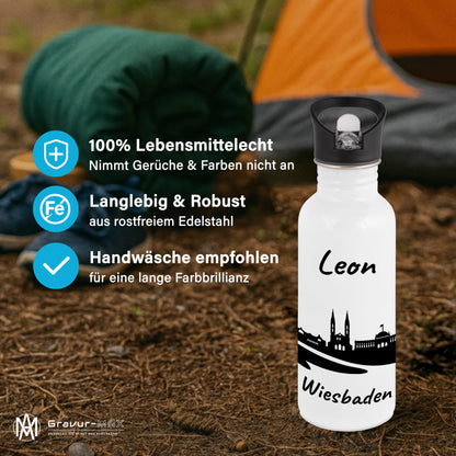 Trinkflasche in Weiß 600ml aus Edelstahl bedruckt mit der Skyline von Wiesbaden personalisierbar mit Wunschname