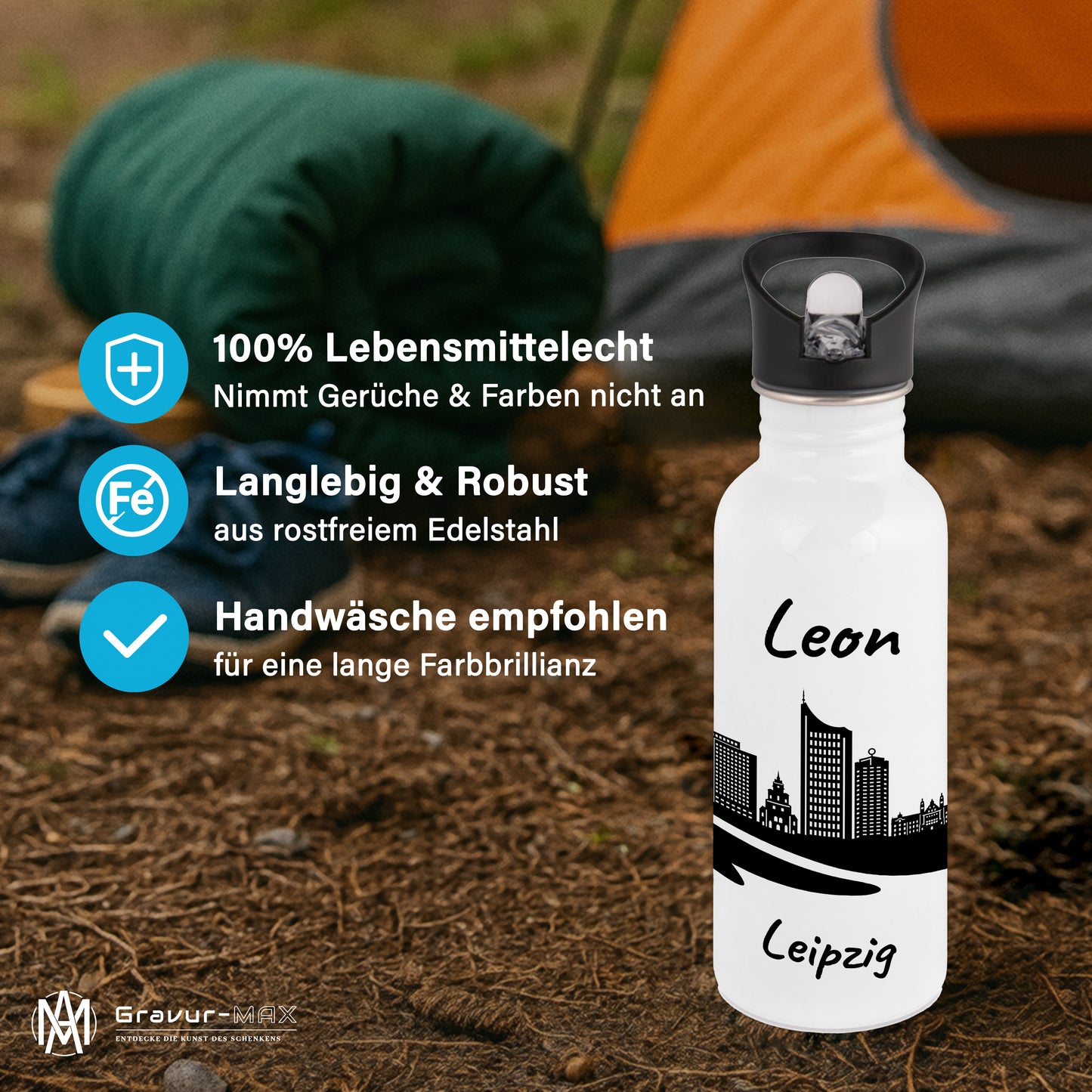 Trinkflasche in Weiß 600ml aus Edelstahl bedruckt mit der Skyline von Leipzig personalisierbar mit Wunschname