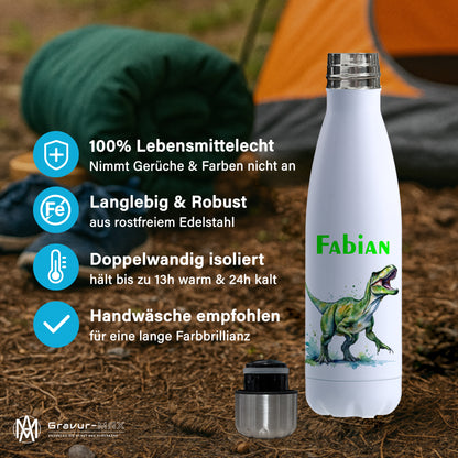 Thermoflasche 500ml in Weiß bedruckt mit tollen Motiven für Kinder "Dino T-Rex" personalisierbar mit Wunschname