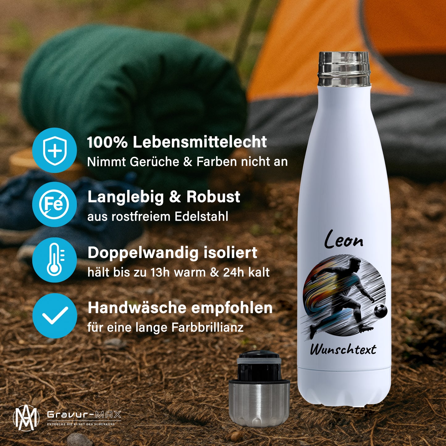 Thermoflasche 500ml in Weiß aus Edelstahl bedruckt "Fußball" Motiv2 personalisierbar mit Wunschname & Text