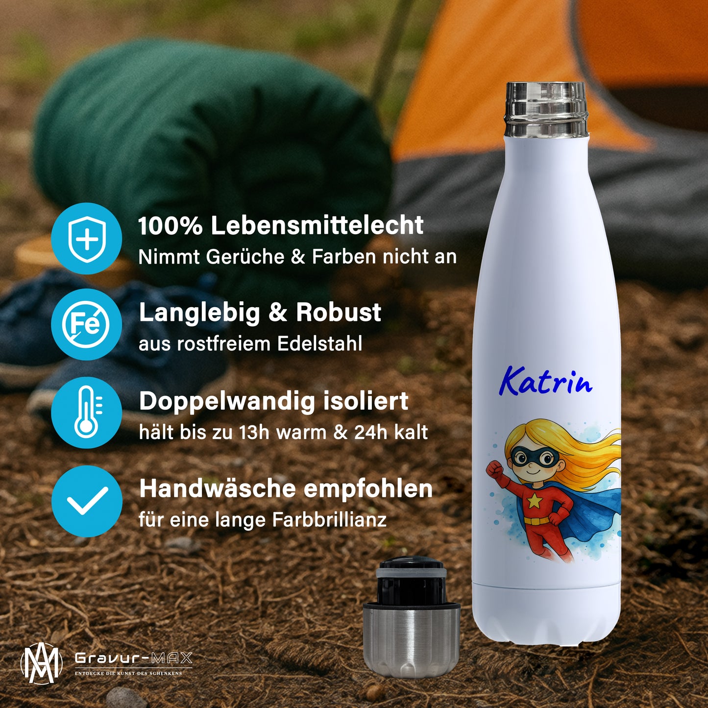 Thermoflasche 500ml in Weiß bedruckt mit tollen Motiven für Kinder "Superheldin" personalisierbar mit Wunschname