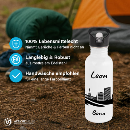 Trinkflasche in Weiß 600ml aus Edelstahl bedruckt mit der Skyline von Bonn personalisierbar mit Wunschname