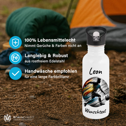 Trinkflasche mit Strohhalm in Weiß 600ml bedruckt mit Fußball Motiven"Motiv2" personalisierbar für Kinder mit Wunschname aus Edelstahl