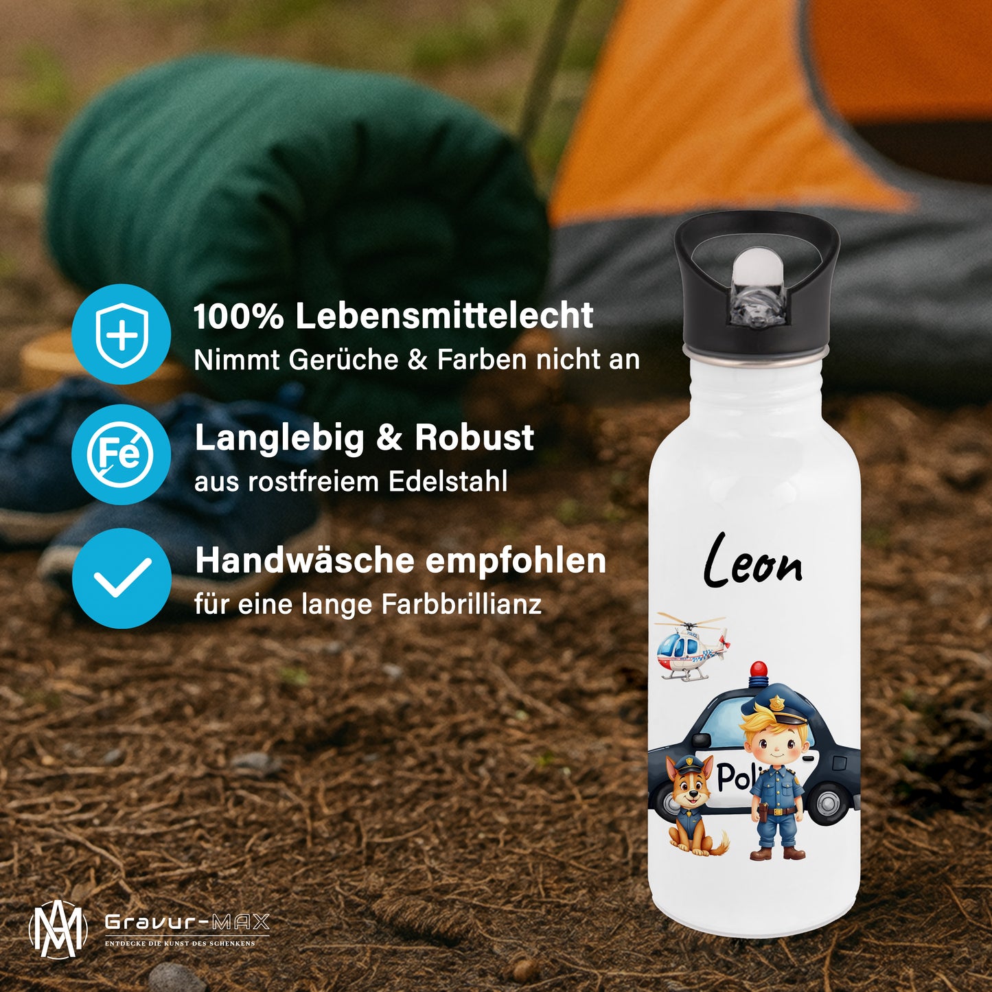 Trinkflasche mit Strohhalm in Weiß 600ml bedruckt mit tollen Motiven für Kinder "Polizei" personalisierbar für Kinder mit Wunschname aus Edelstahl