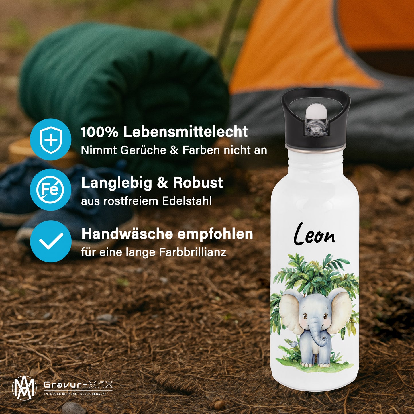 Trinkflasche mit Strohhalm in Weiß 600ml bedruckt mit Dschungel Tieren"Elefant" personalisierbar für Kinder mit Wunschname aus Edelstahl