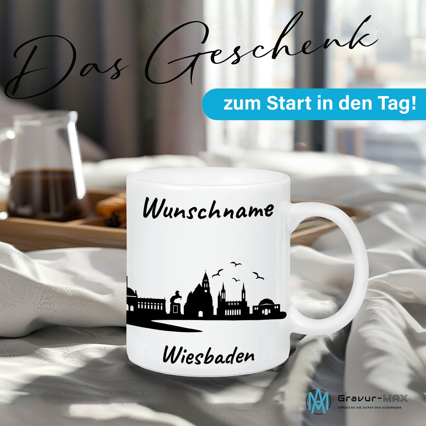 Tasse in Weiß 330ml bedruckt mit der Skyline von Wiesbaden personalisierbar mit Wunschname