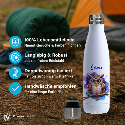 Trinkflasche in Weiß 500ml aus Edelstahl bedruckt mit niedlichen Tieren "Eule" personalisierbar für Kinder mit Wunschname