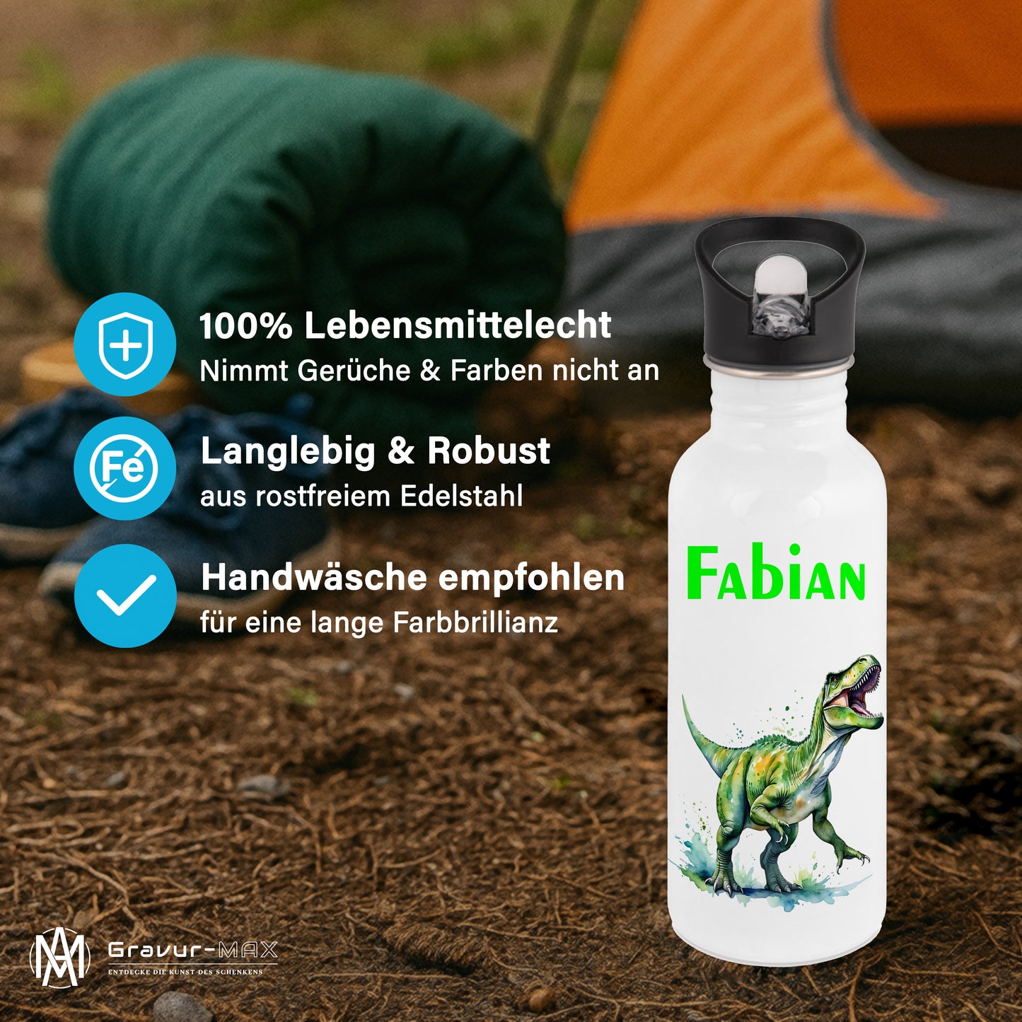 Trinkflasche mit Strohhalm in Weiß 600ml bedruckt mit tollen Motiven für Kinder "Dino T-Rex" personalisierbar für Kinder mit Wunschname aus Edelstahl