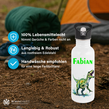Trinkflasche mit Strohhalm in Weiß 600ml bedruckt mit tollen Motiven für Kinder "Dino T-Rex" personalisierbar für Kinder mit Wunschname aus Edelstahl