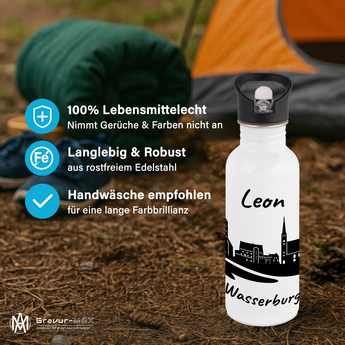 Trinkflasche in Weiß 600ml aus Edelstahl bedruckt mit der Skyline von Wasserburg personalisierbar mit Wunschname