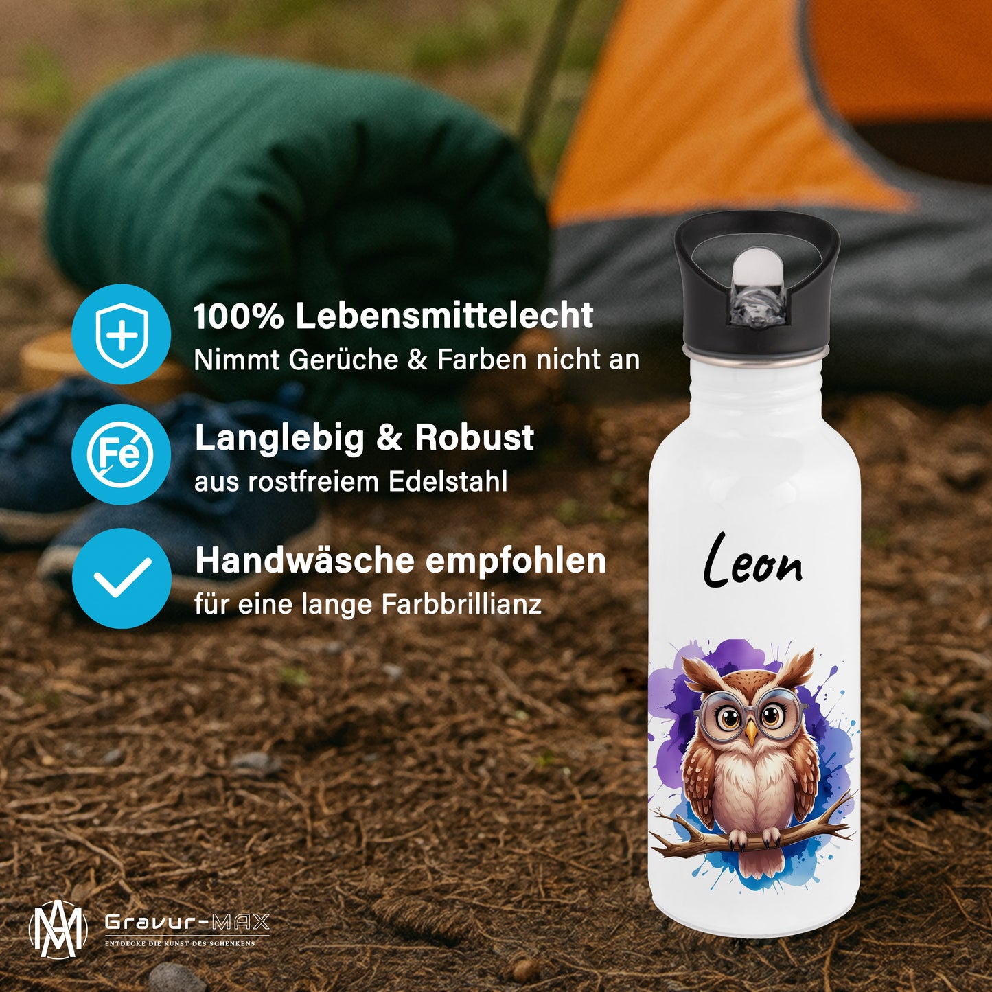 Trinkflasche mit Strohhalm in Weiß 600ml bedruckt mit niedlichen Tieren"Eule" personalisierbar für Kinder mit Wunschname aus Edelstahl