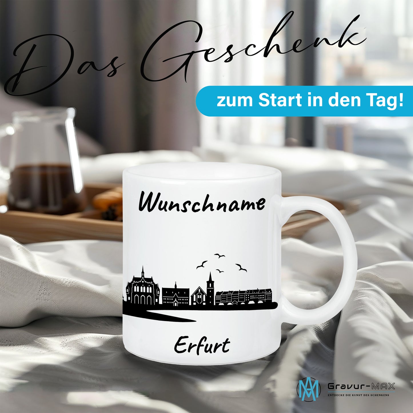 Tasse in Weiß 330ml bedruckt mit der Skyline von Erfurt personalisierbar mit Wunschname