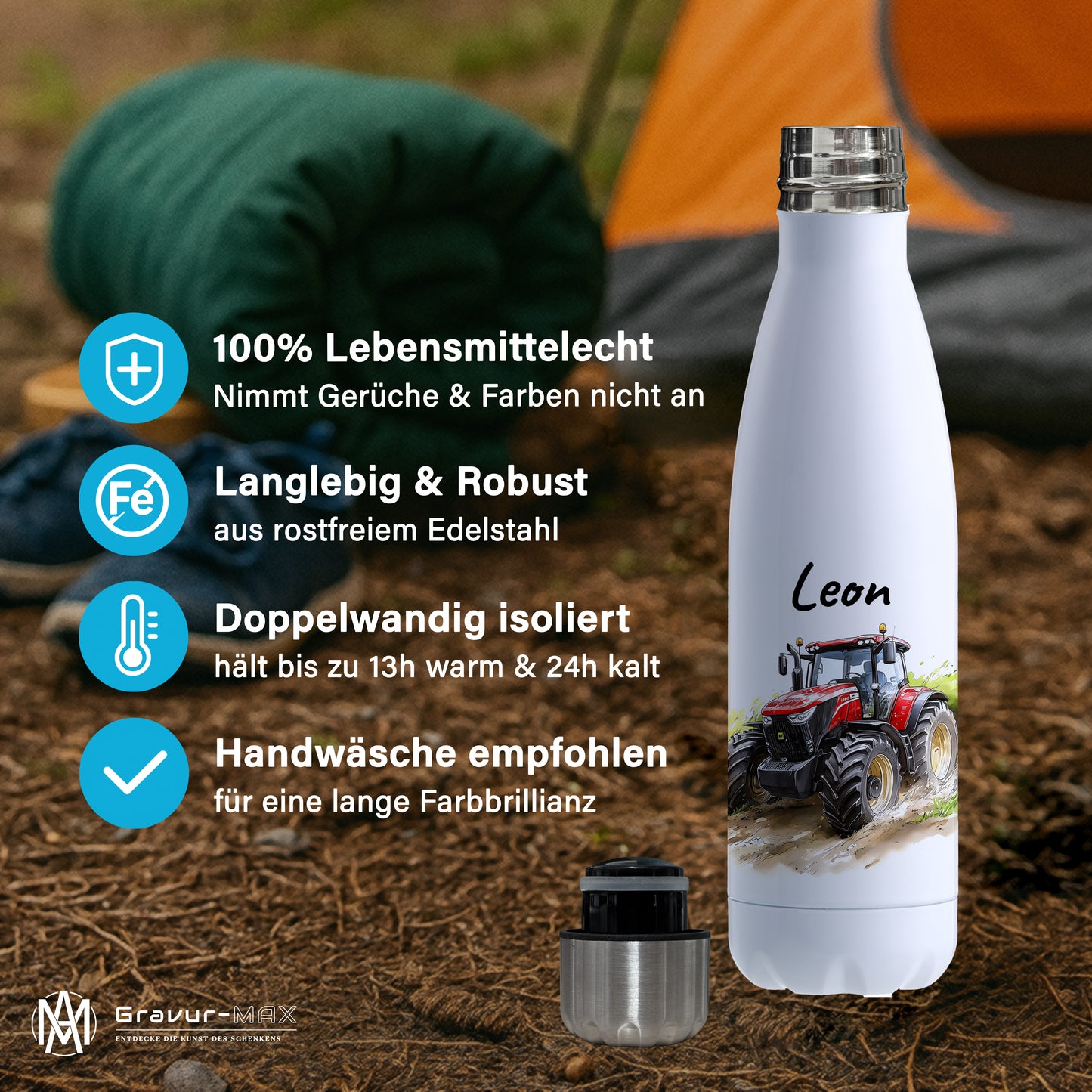 Thermoflasche 500ml in Weiß bedruckt mit tollen Motiven für Kinder "Traktor" personalisierbar mit Wunschname