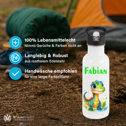 Trinkflasche mit Strohhalm in Weiß 600ml bedruckt mit tollen Motiven für Kinder "Dino Kinder" personalisierbar für Kinder mit Wunschname aus Edelstahl