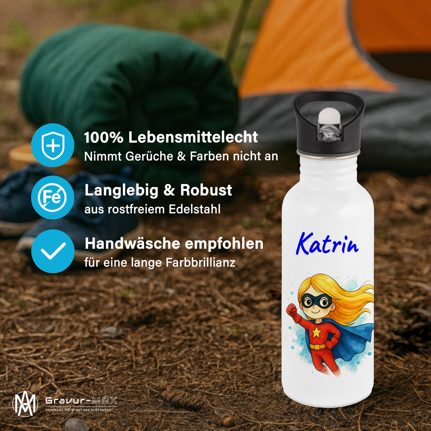 Trinkflasche mit Strohhalm in Weiß 600ml bedruckt mit tollen Motiven für Kinder "Superheldin" personalisierbar für Kinder mit Wunschname aus Edelstahl