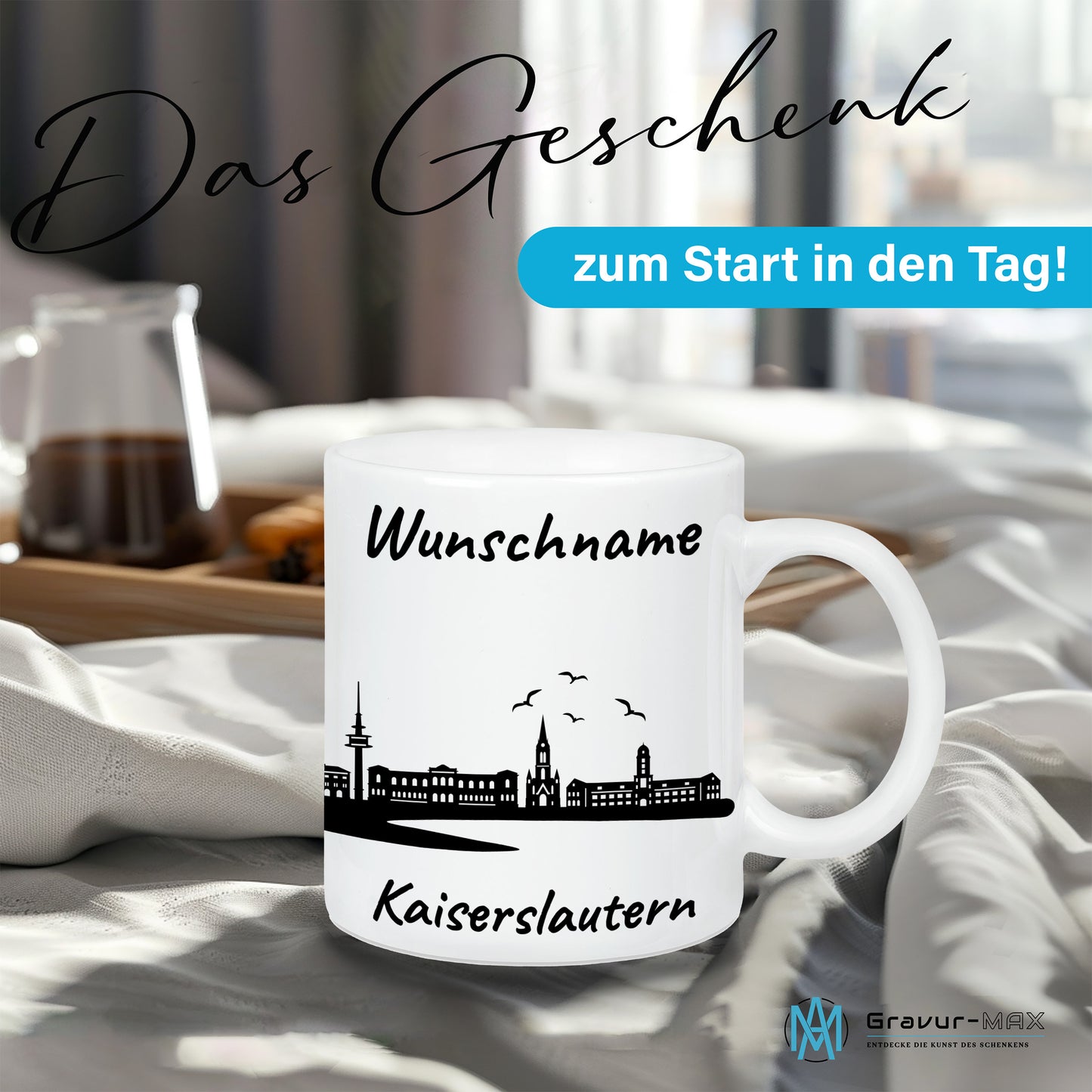 Tasse in Weiß 330ml bedruckt mit der Skyline von Kaiserslautern personalisierbar mit Wunschname