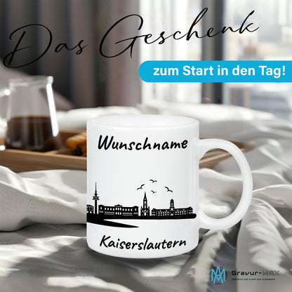Tasse in Weiß 330ml bedruckt mit der Skyline von Kaiserslautern personalisierbar mit Wunschname
