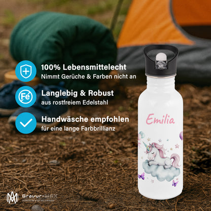 Trinkflasche mit Strohhalm in Weiß 600ml bedruckt mit tollen Motiven für Kinder "Einhorn Wolke" personalisierbar für Kinder mit Wunschname aus Edelstahl