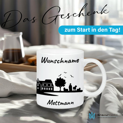 Tasse in Weiß 330ml bedruckt mit der Skyline von Mettmann personalisierbar mit Wunschname
