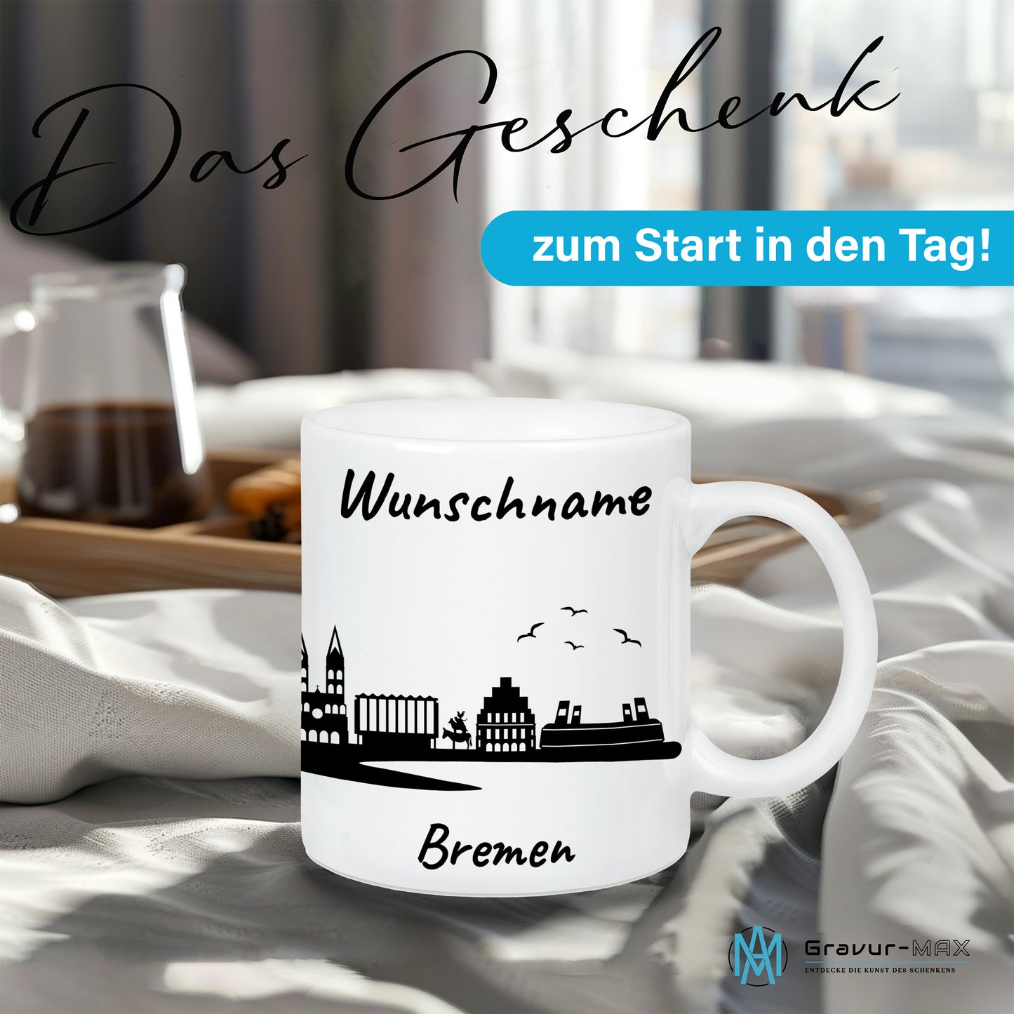 Tasse in Weiß 330ml bedruckt mit der Skyline von Bremen personalisierbar mit Wunschname