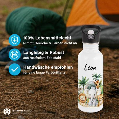 Trinkflasche mit Strohhalm in Weiß 600ml bedruckt mit Dschungel Tieren"Dschungel Tiere" personalisierbar für Kinder mit Wunschname aus Edelstahl