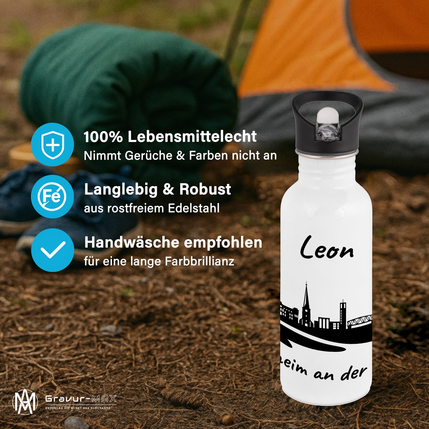 Trinkflasche in Weiß 600ml aus Edelstahl bedruckt mit der Skyline von Mülheim an der Ruhr personalisierbar mit Wunschname