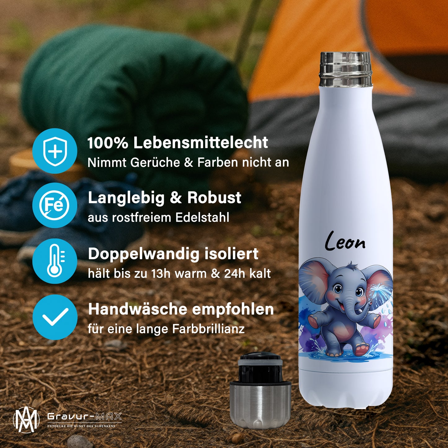 Trinkflasche in Weiß 500ml aus Edelstahl bedruckt mit niedlichen Tieren "Elefant" personalisierbar für Kinder mit Wunschname
