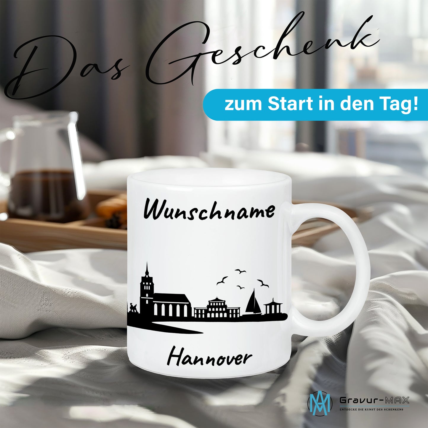 Tasse in Weiß 330ml bedruckt mit der Skyline von Hannover personalisierbar mit Wunschname