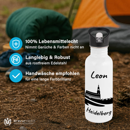 Trinkflasche in Weiß 600ml aus Edelstahl bedruckt mit der Skyline von Heidelberg personalisierbar mit Wunschname