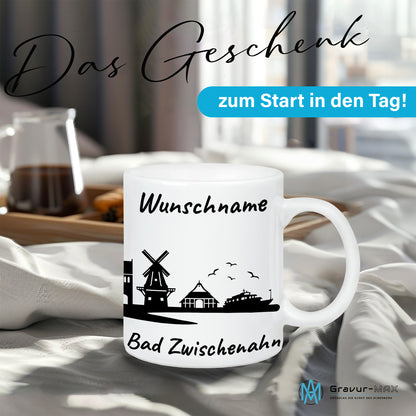 Tasse in Weiß 330ml bedruckt mit der Skyline von Bad Zwischenahn personalisierbar mit Wunschname