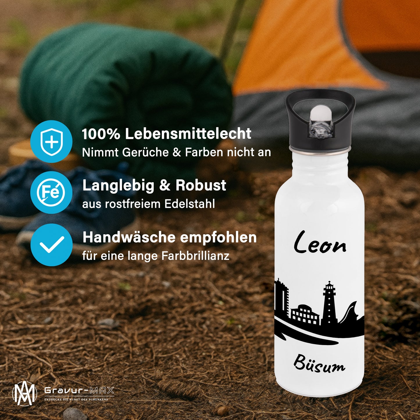 Trinkflasche in Weiß 600ml aus Edelstahl bedruckt mit der Skyline von Büsum personalisierbar mit Wunschname