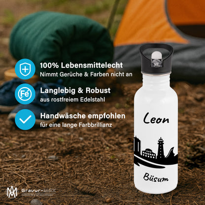 Trinkflasche in Weiß 600ml aus Edelstahl bedruckt mit der Skyline von Büsum personalisierbar mit Wunschname