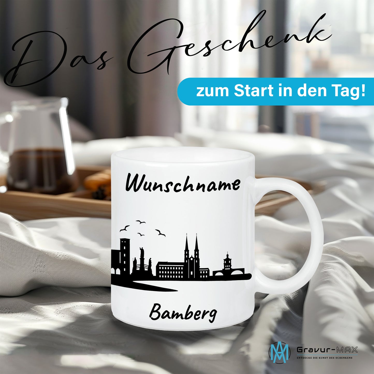 Tasse in Weiß 330ml bedruckt mit der Skyline von Bamberg personalisierbar mit Wunschname