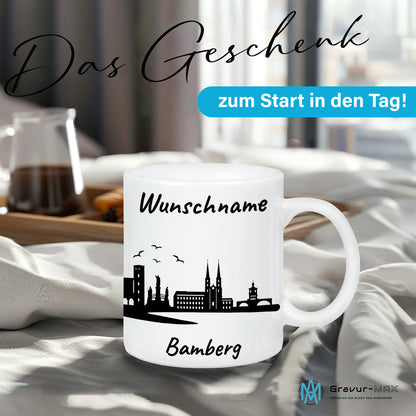 Tasse in Weiß 330ml bedruckt mit der Skyline von Bamberg personalisierbar mit Wunschname