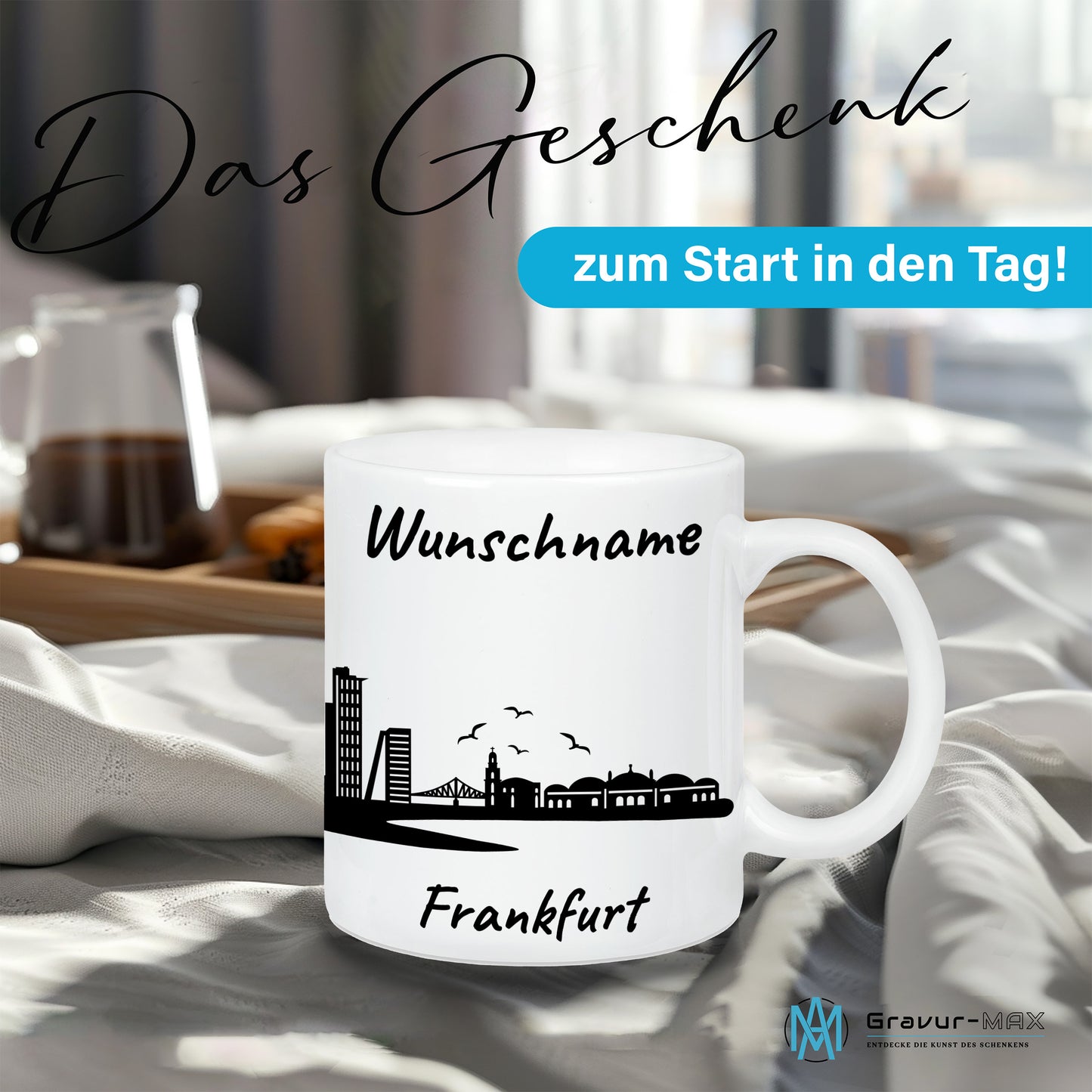 Tasse in Weiß 330ml bedruckt mit der Skyline von Frankfurt personalisierbar mit Wunschname