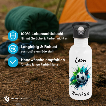 Trinkflasche mit Strohhalm in Weiß 600ml bedruckt mit Fußball Motiven"Motiv8" personalisierbar für Kinder mit Wunschname aus Edelstahl