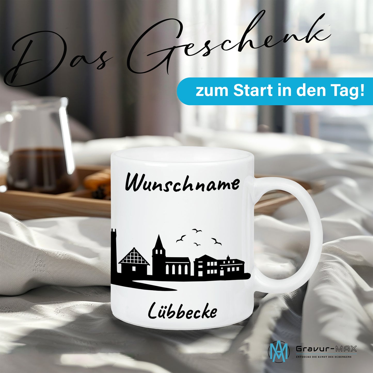 Tasse in Weiß 330ml bedruckt mit der Skyline von Lübbecke personalisierbar mit Wunschname