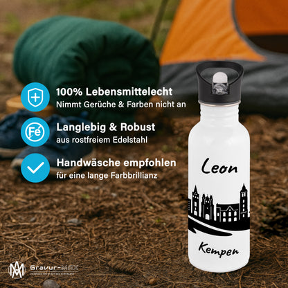 Trinkflasche in Weiß 600ml aus Edelstahl bedruckt mit der Skyline von Kempen personalisierbar mit Wunschname