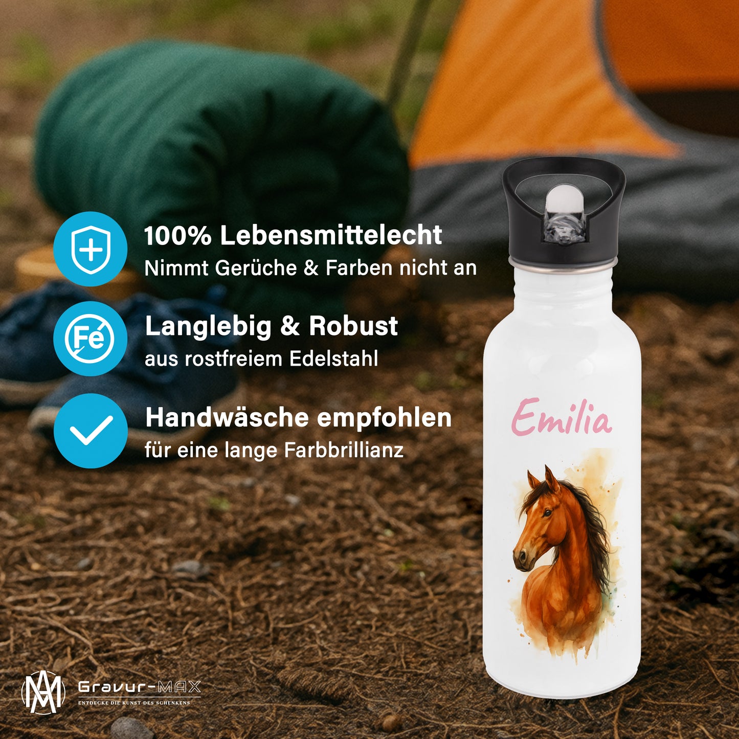 Trinkflasche mit Strohhalm in Weiß 600ml bedruckt mit tollen Motiven für Kinder "Pferd" personalisierbar für Kinder mit Wunschname aus Edelstahl