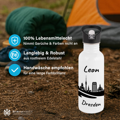Trinkflasche in Weiß 600ml aus Edelstahl bedruckt mit der Skyline von Dresden personalisierbar mit Wunschname