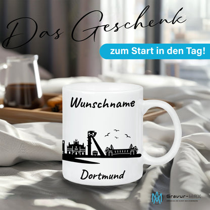 Tasse in Weiß 330ml bedruckt mit der Skyline von Dortmund personalisierbar mit Wunschname
