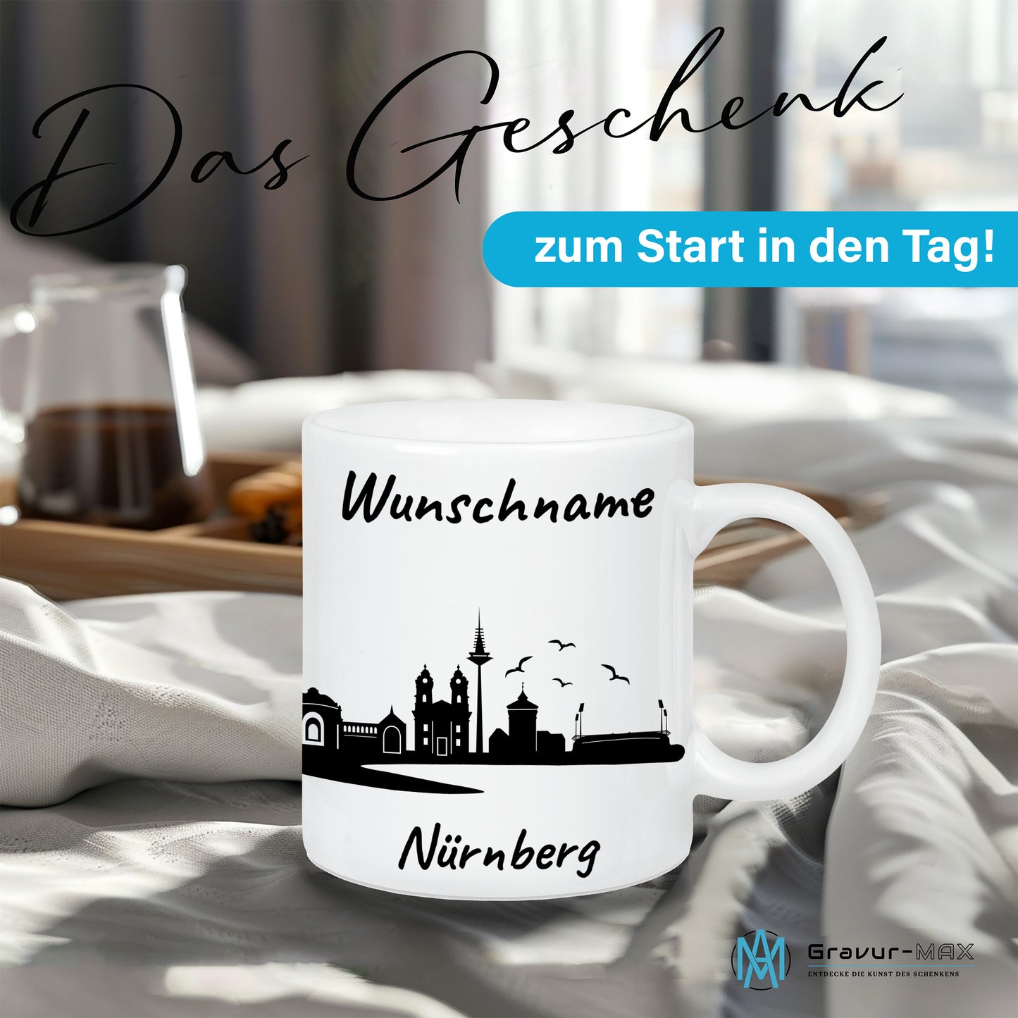 Tasse in Weiß 330ml bedruckt mit der Skyline von Nürnberg personalisierbar mit Wunschname