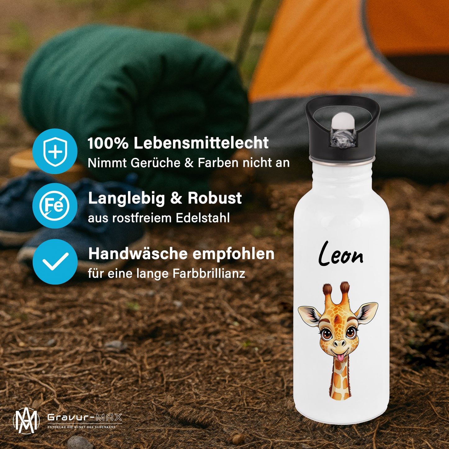 Trinkflasche mit Strohhalm in Weiß 600ml bedruckt mit niedlichen Tieren"Giraffe" personalisierbar für Kinder mit Wunschname aus Edelstahl